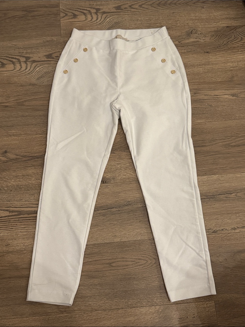 MICHAEL Michael Kors White Slim Ponte Ankle Pants with Gold Buttons